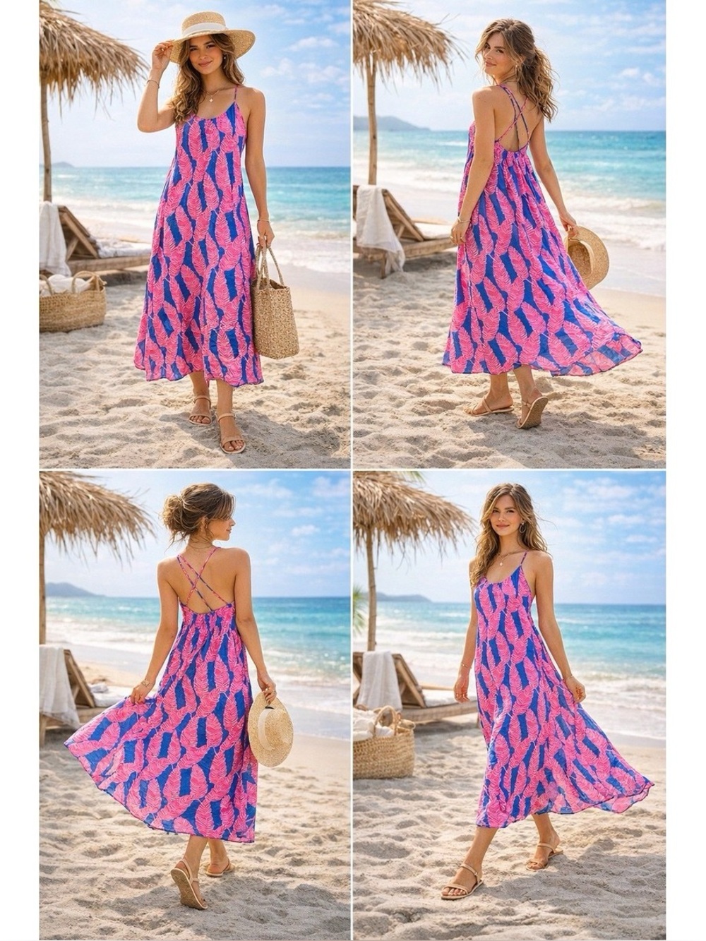 Vineyard Vines Palm Print Pink & Blue Maxi Dress Linen Blend Size 6